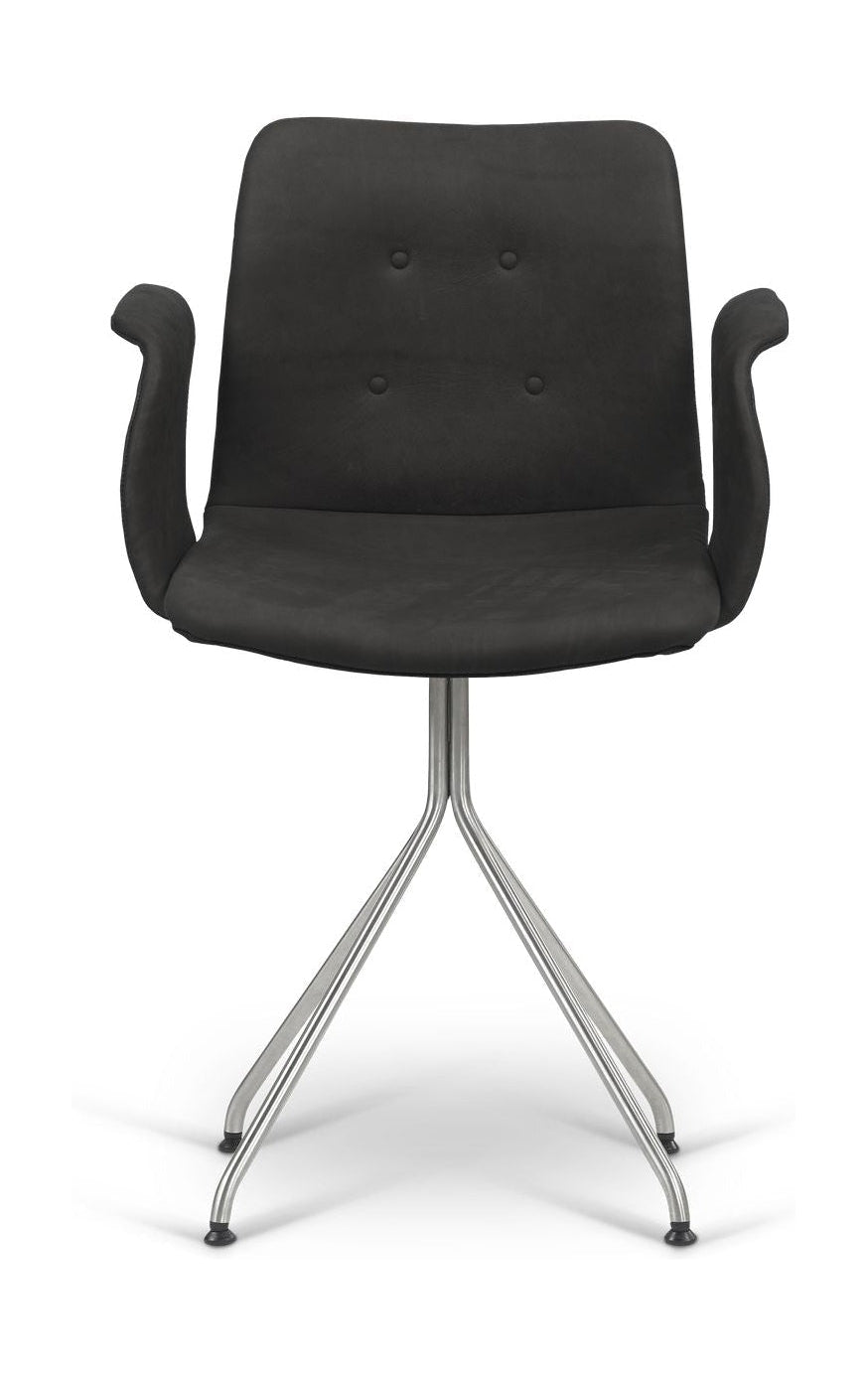 Bent Hansen Primum Chair med Armlæn, Fast Stel i Rustfrit Stål, Sort Zenso Læder
