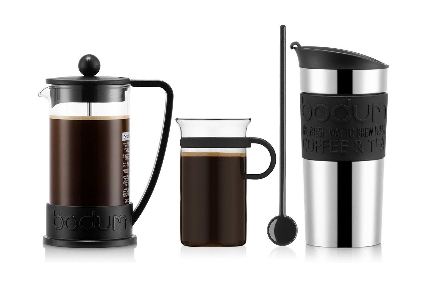Bodum Coffee Set Brazil Kaffebrygger Travel Mug Rejsekrus Kaffeglas Og Røreske, 3 Kop