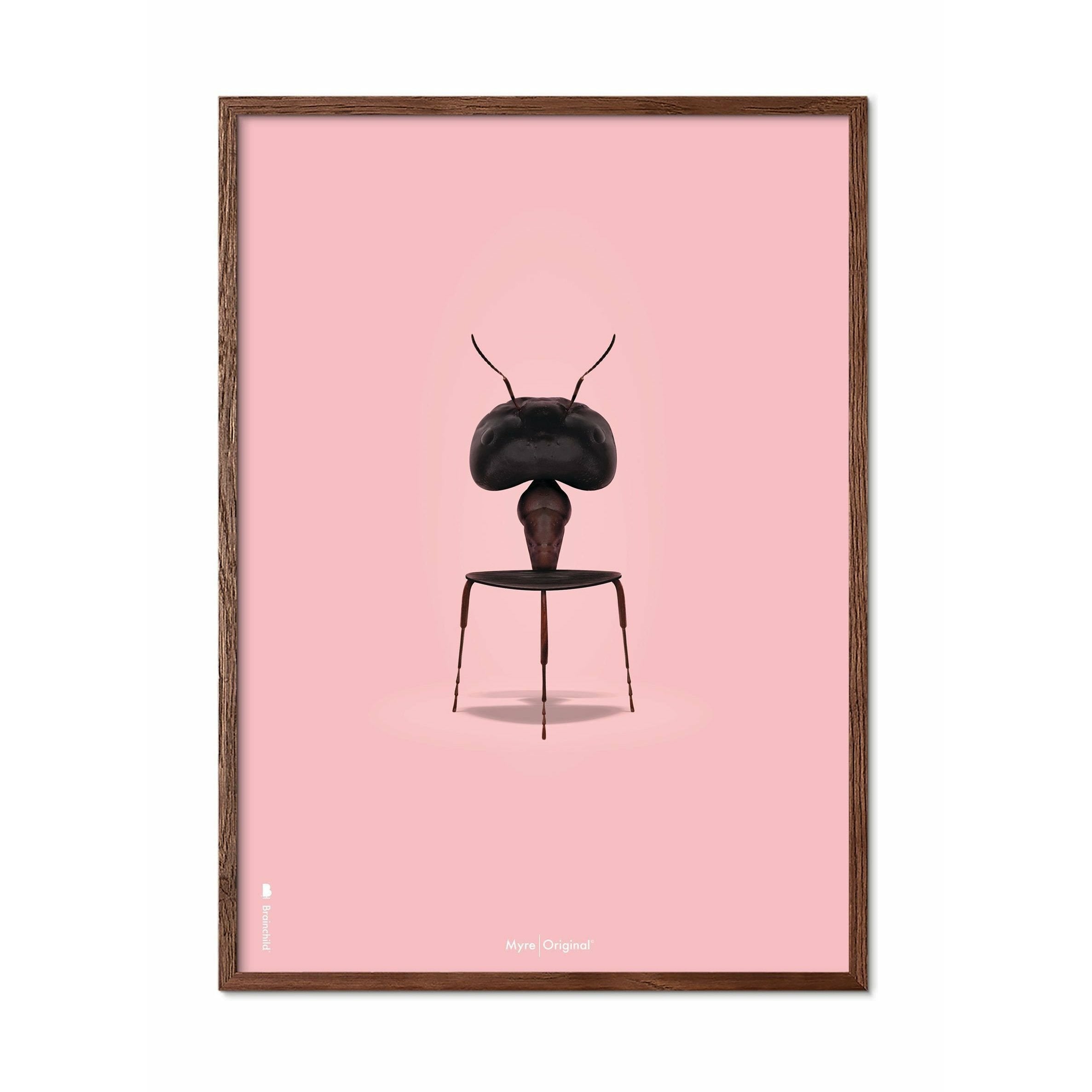 Brainchild Ant Classic Affisch, ram i mörkt trä A5, rosa bakgrund