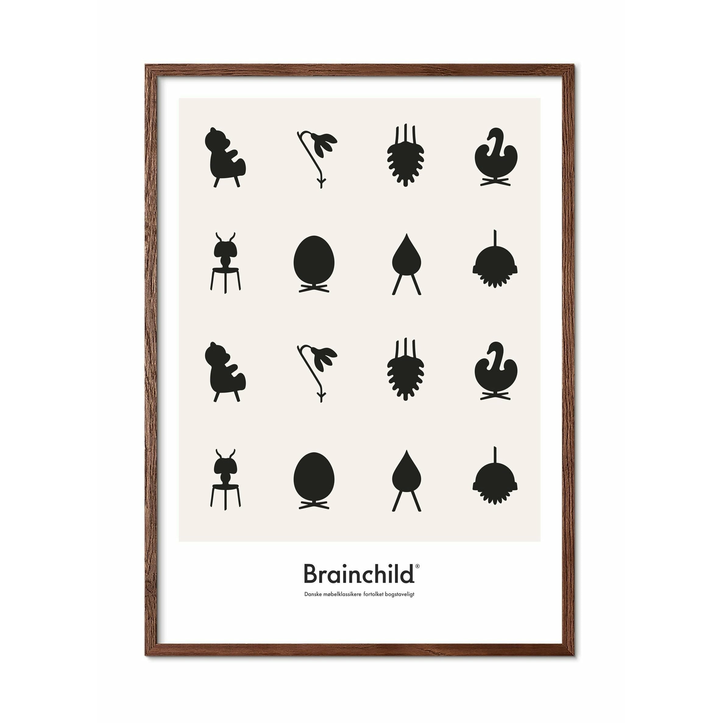 Brainchild Designikoner affisch, ram i mörkt trä 50x70 cm, grå