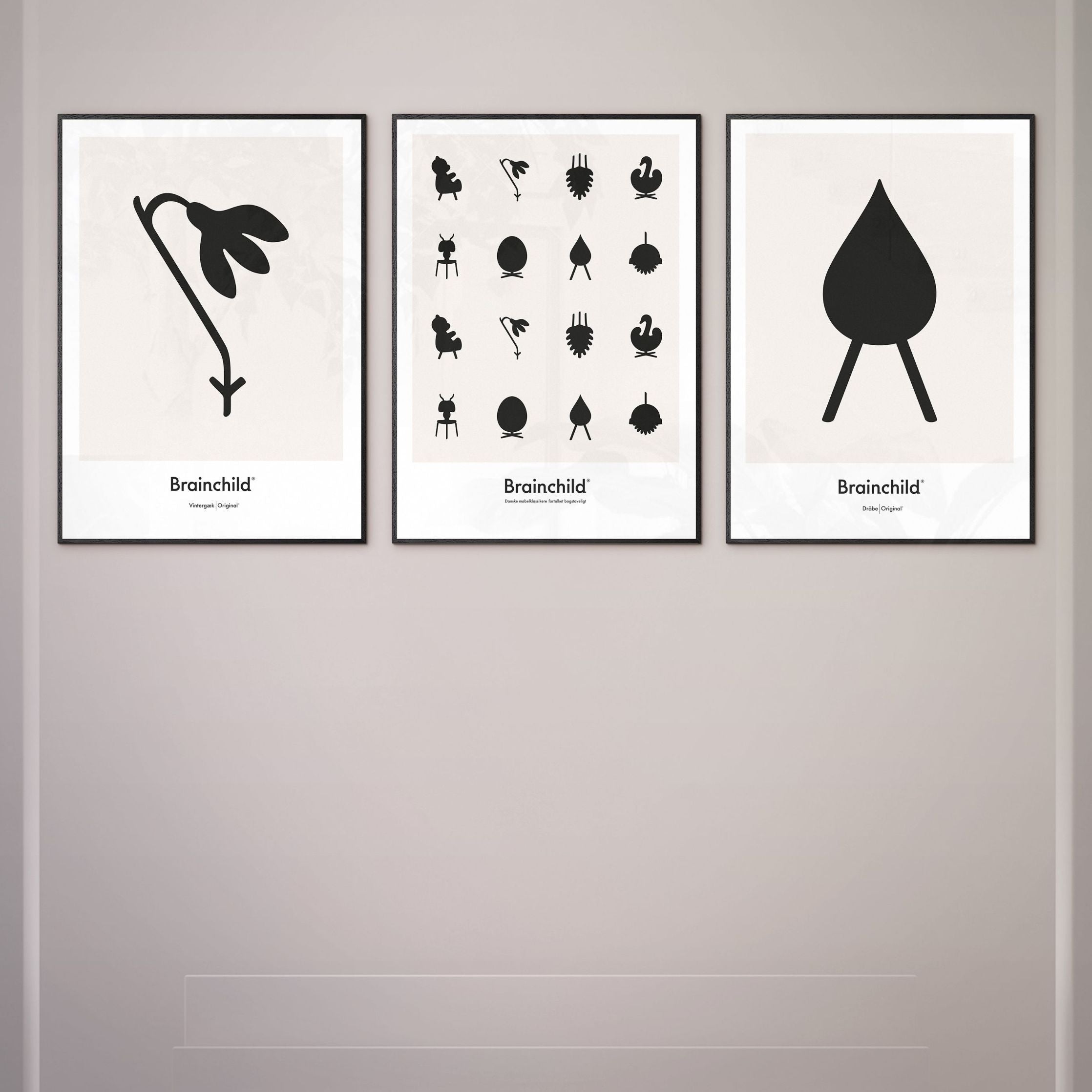 Brainchild Designikoner affisch, ram i mörkt trä 70x100 cm, grå