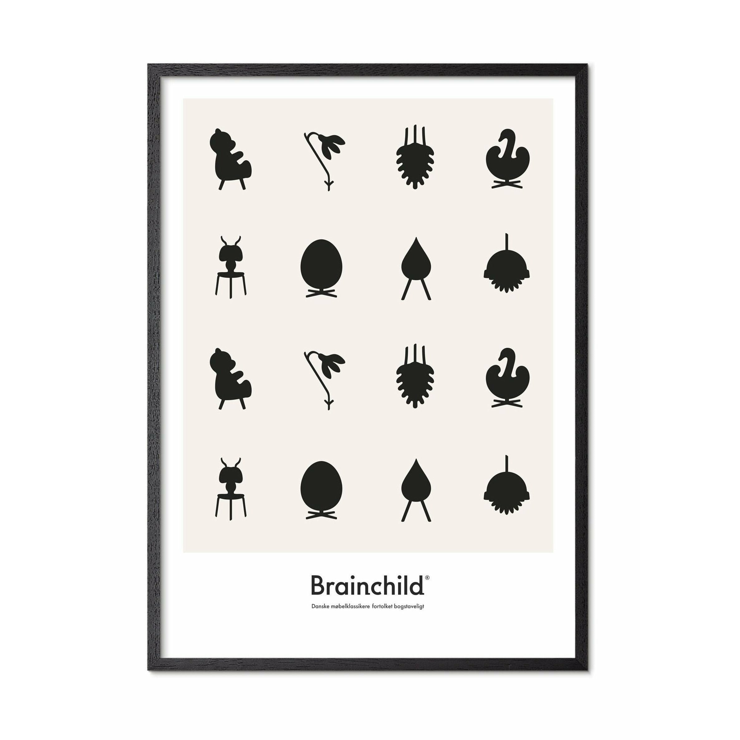 Brainchild Designikoner affisch, ram i svart -målat trä 50x70 cm, grå
