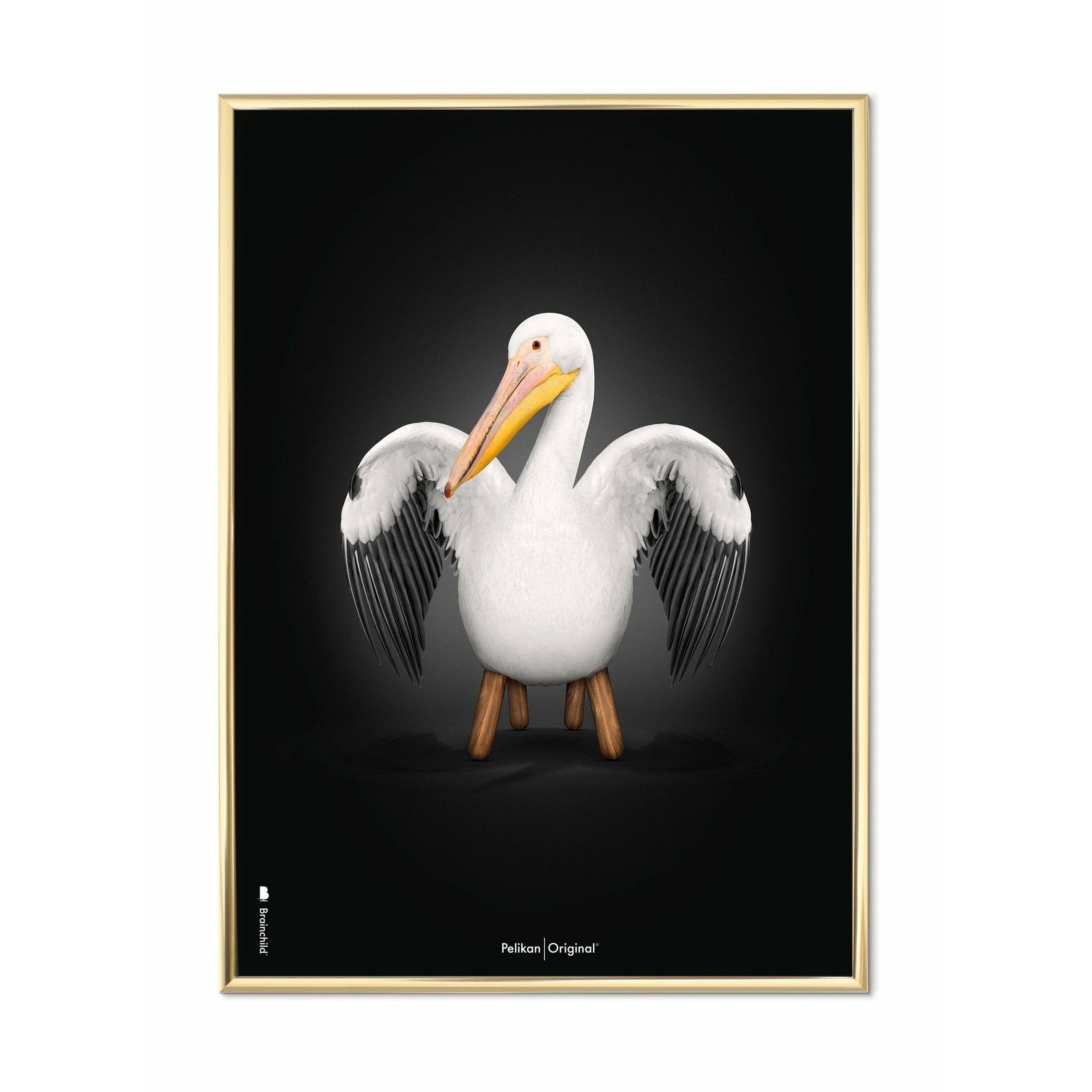 Brainchild Pelikan Klassisk Plakat, Messingfarvet Ramme 50X70 Cm, Sort Baggrund