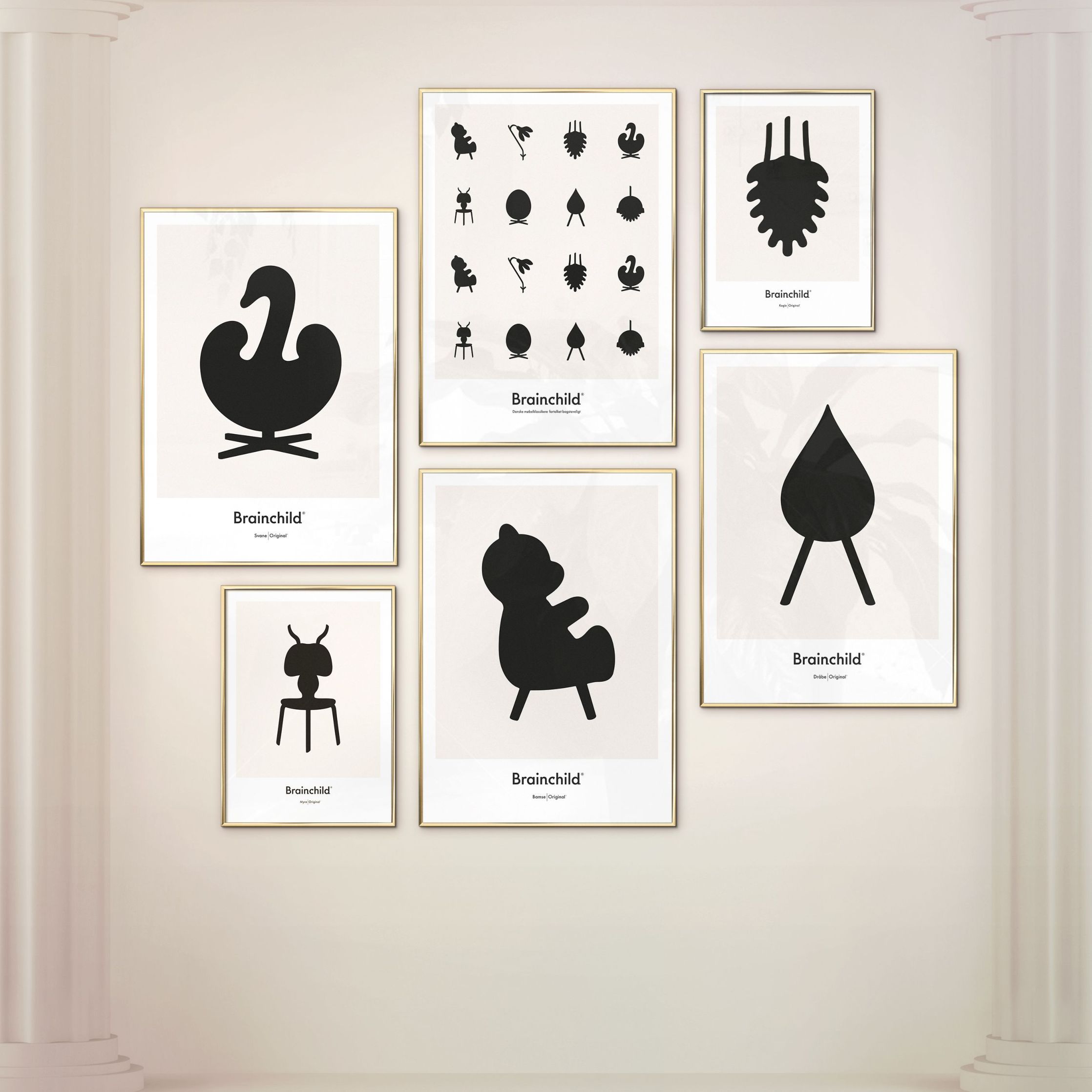 Brainchild Swan Design Icon -affisch, ram i mörkt trä 50x70 cm, grå