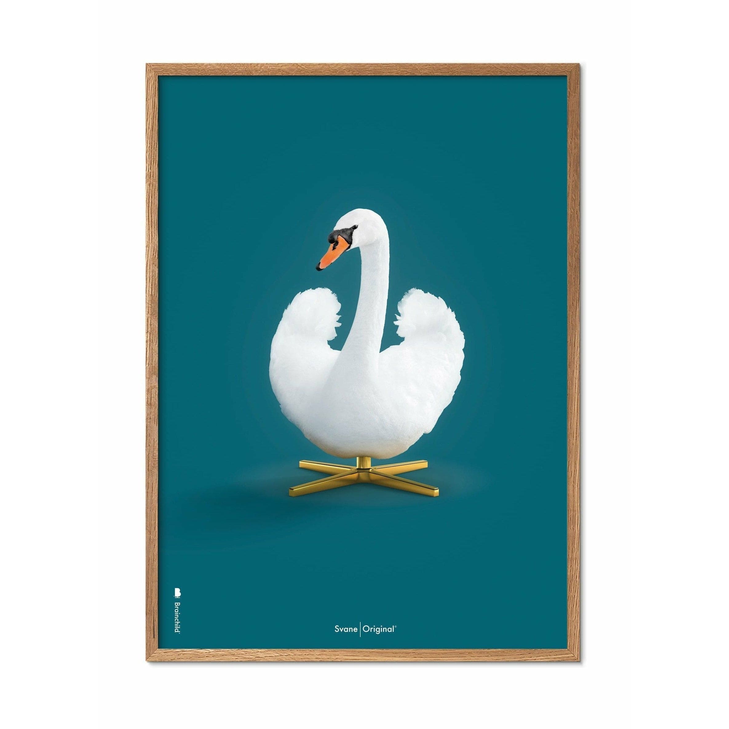 Brainchild Swan Classic Poster, ram i lätt trä 30x40 cm, petroleumblå bakgrund