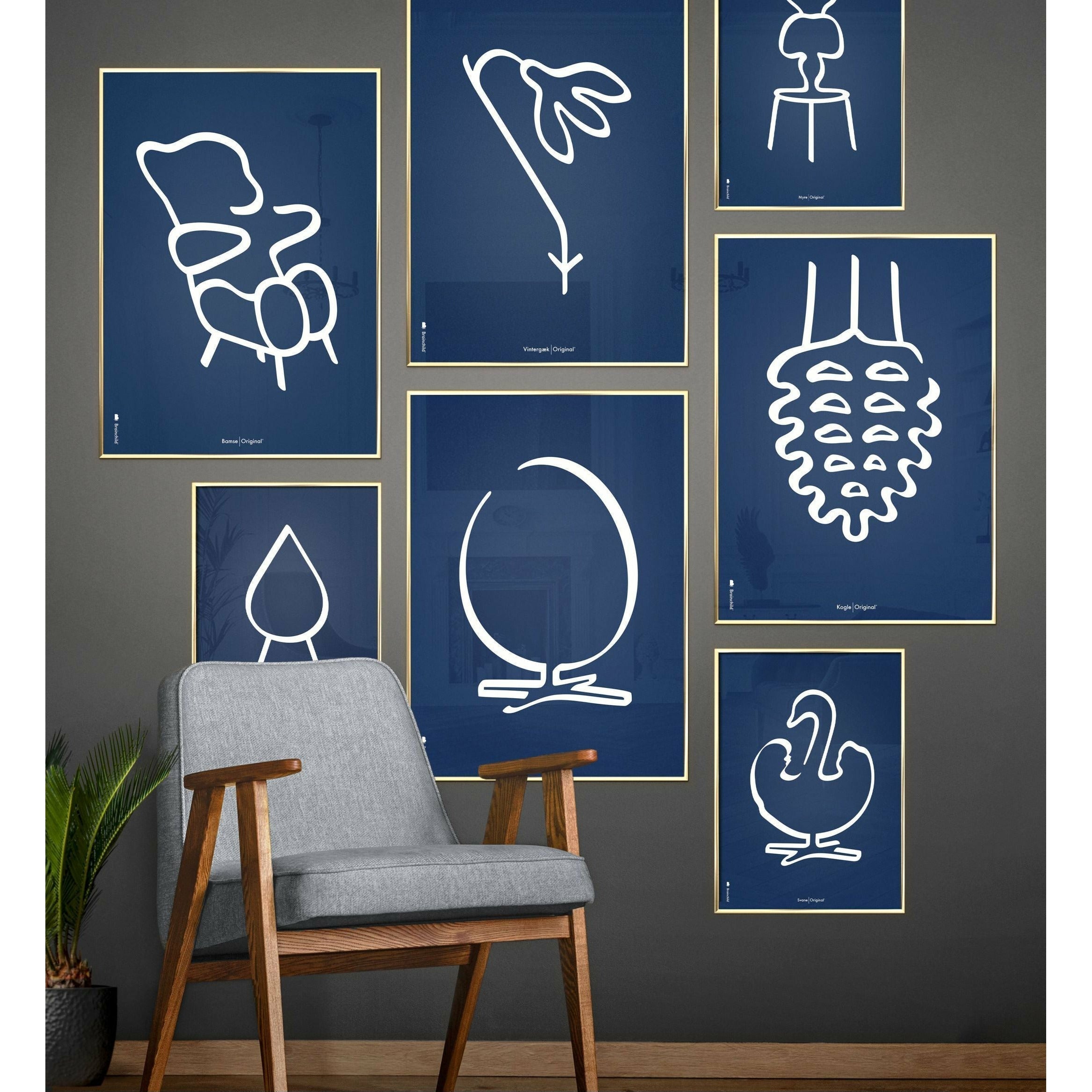 Brainchild Swan Stroke -affisch, mässingsfärgad ram A5, blå bakgrund