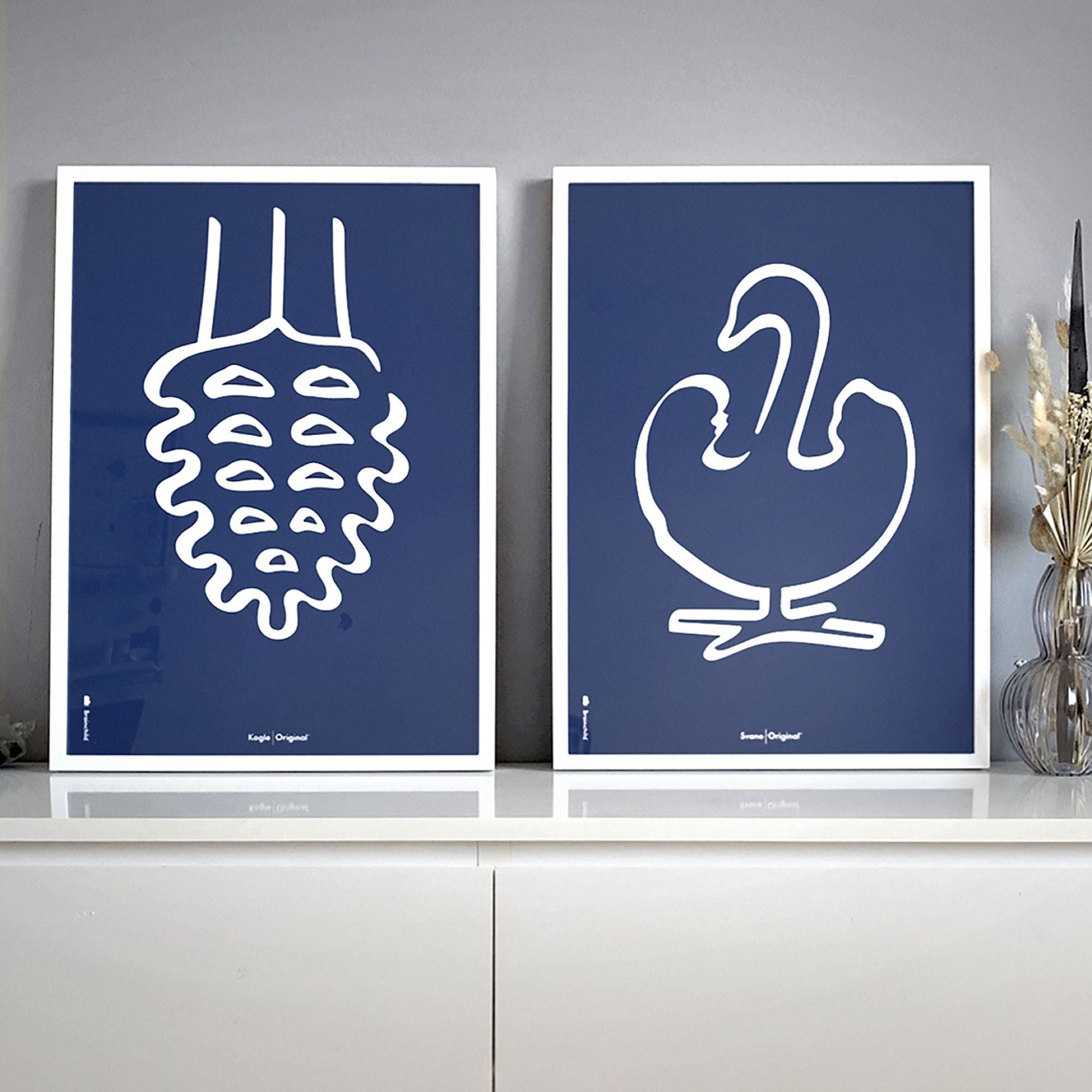 Brainchild Swan Stroke -affisch, ram i svart -målat trä A5, blå bakgrund