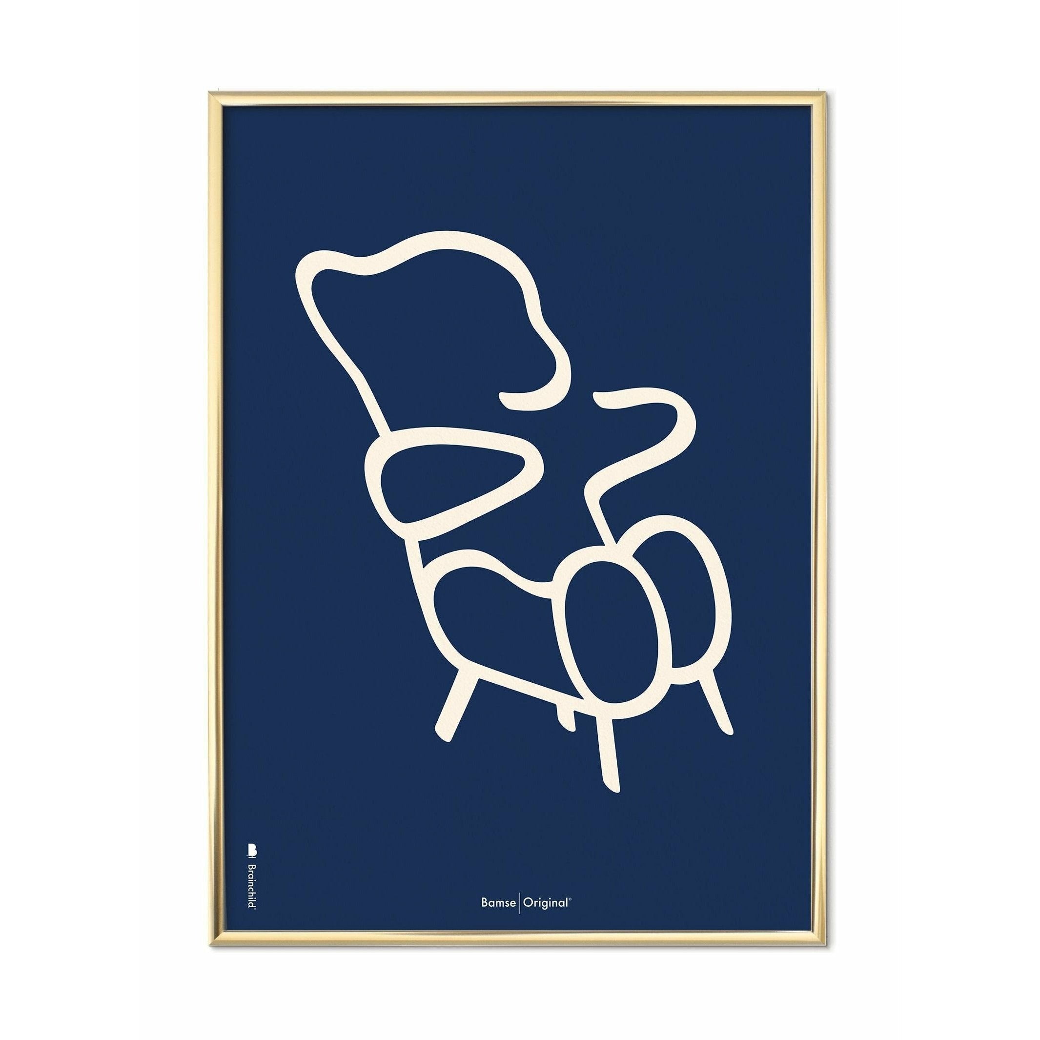 Brainchild Bamse Streg Plakat, Messingfarvet Ramme 50X70 Cm, Blå Baggrund