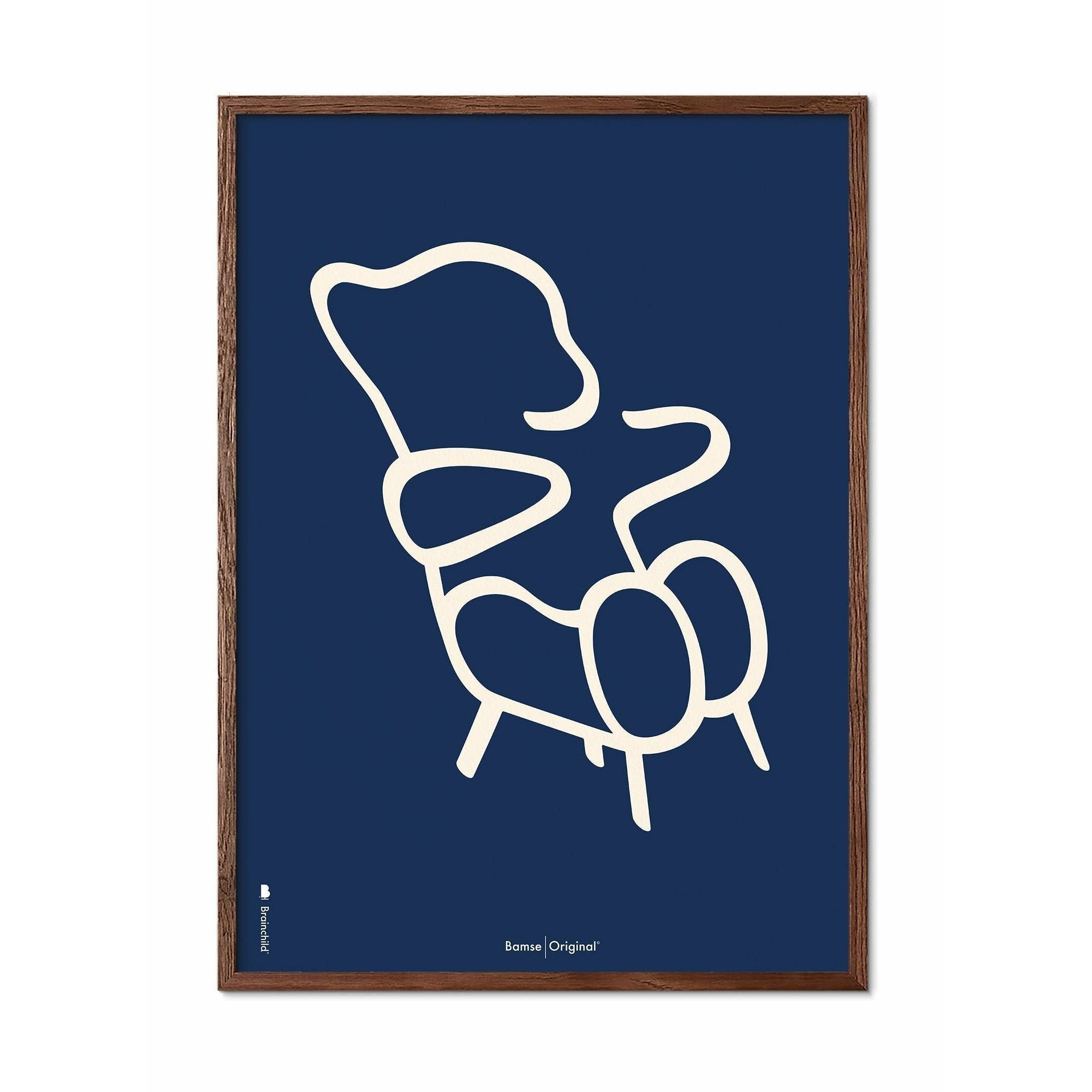 Brainchild Nallebjörnslinje affisch, ram i mörkt trä 30x40 cm, blå bakgrund