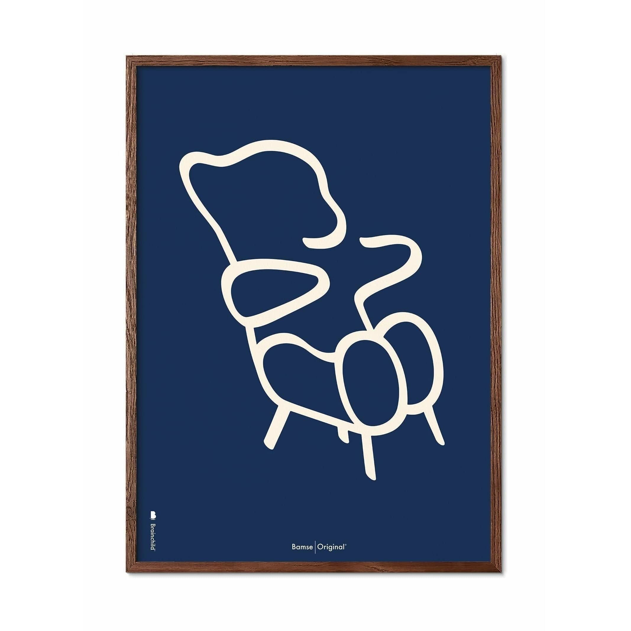 Brainchild Nallebjörnslinje affisch, ram i mörkt trä 50x70 cm, blå bakgrund