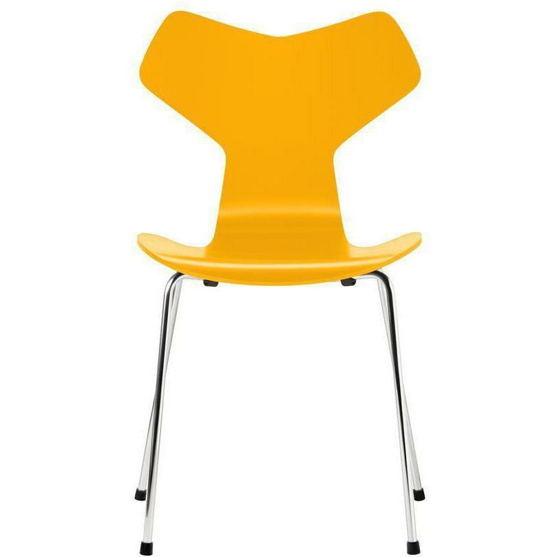Fritz Hansen Grand Prix stol lackerad sann gulskalig, kromade stålben