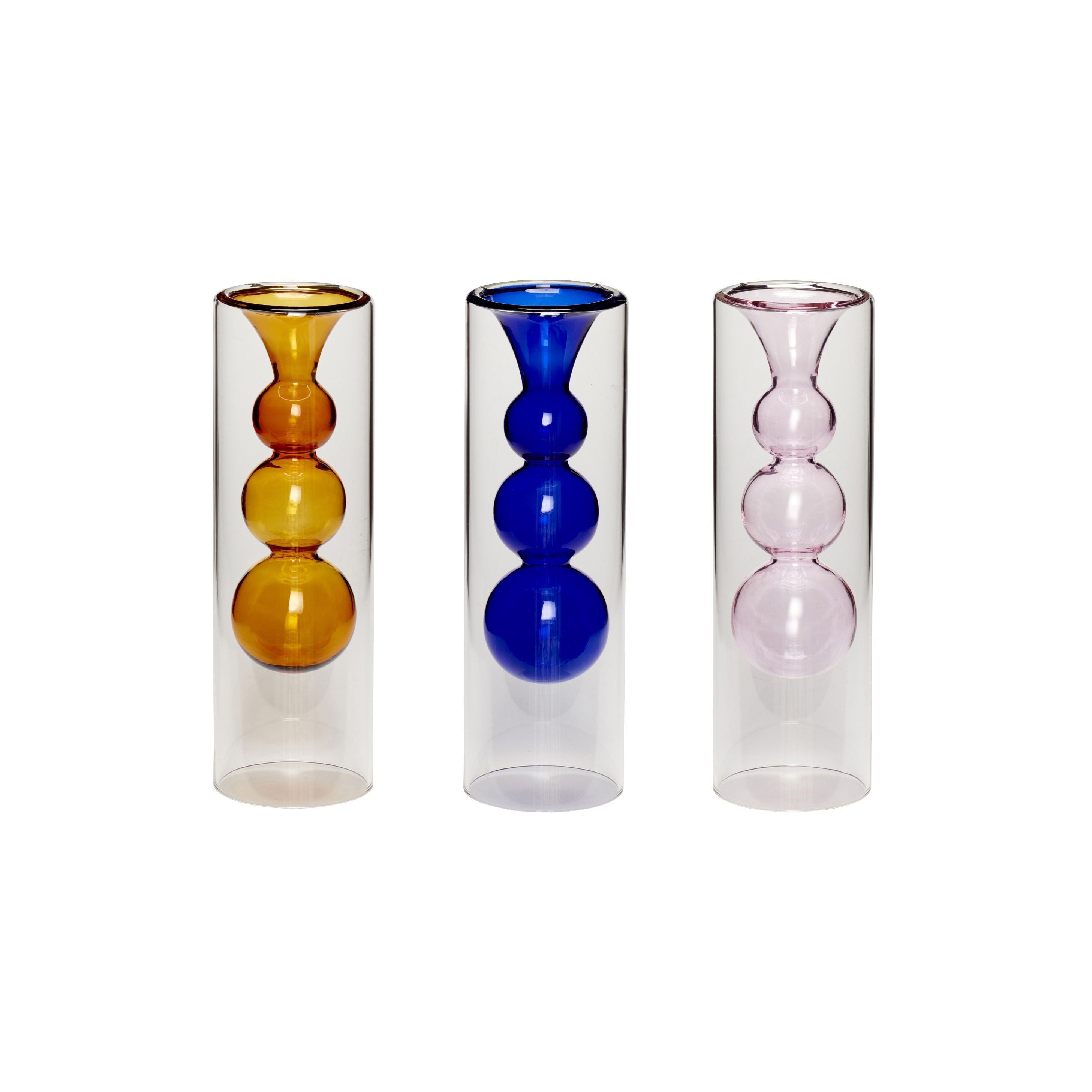 Hübsch Spela Vase Glass Rav Yellow/Blue/Pink Set med 3, 7x23 cm