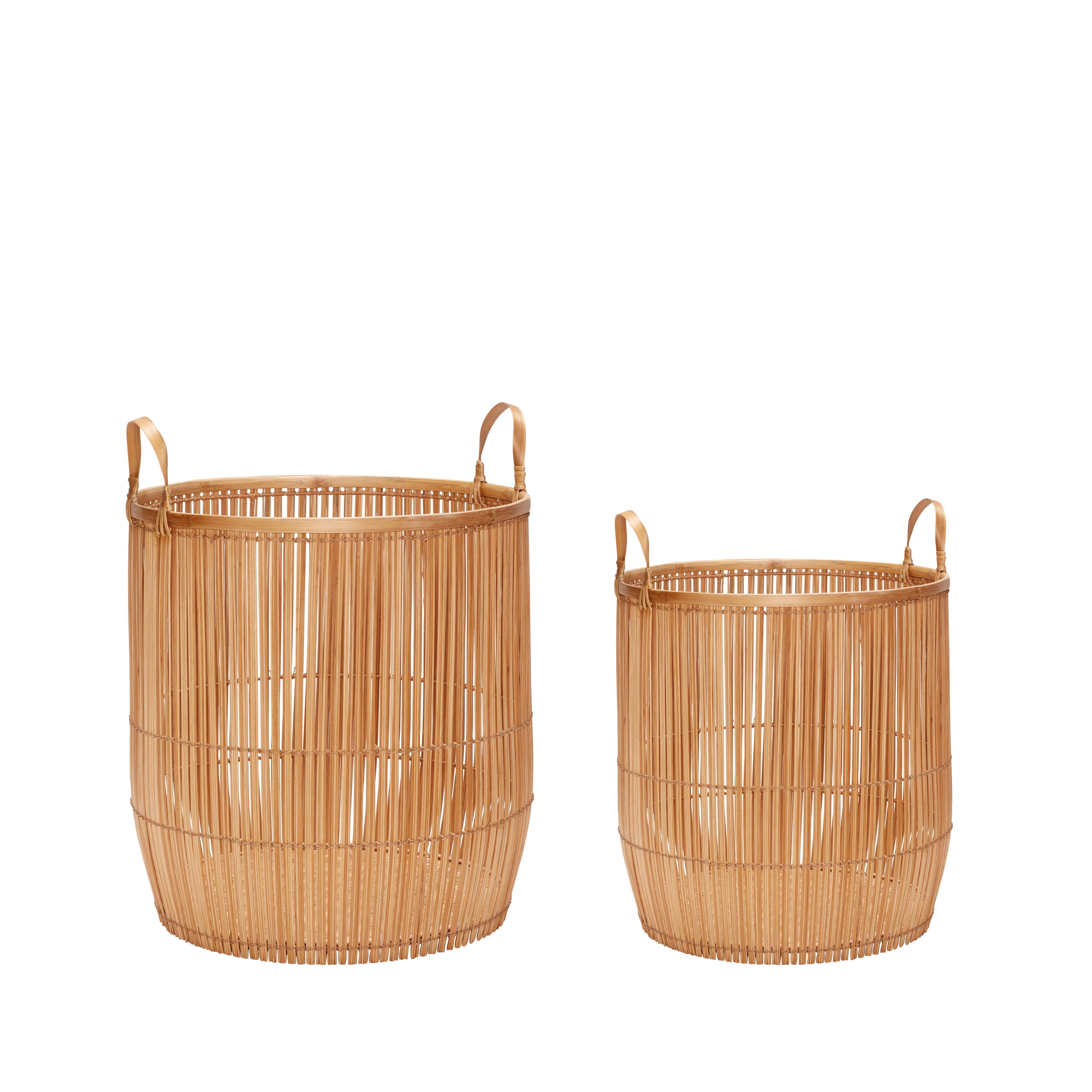 Hübsch Vantage Basket With Hank Round Bamboo Nature Set med 2, 49/56x66/71 cm