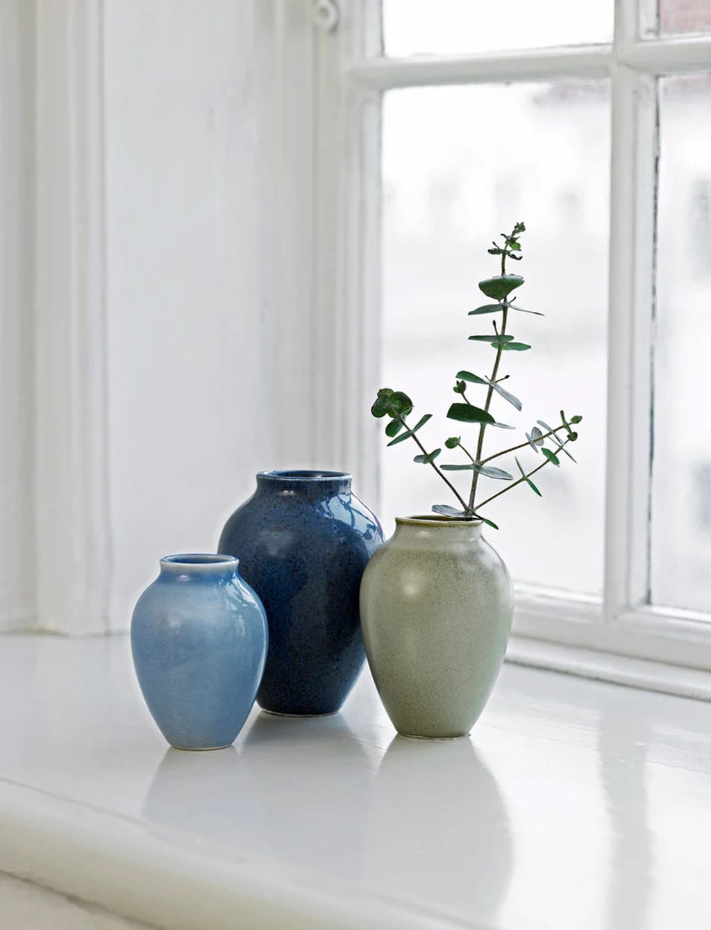 Knabstrup Keramik Vase Sæt med 3, H 11/9,5/8 cm, Mørk Blå/Lys Blå/Olivengrøn