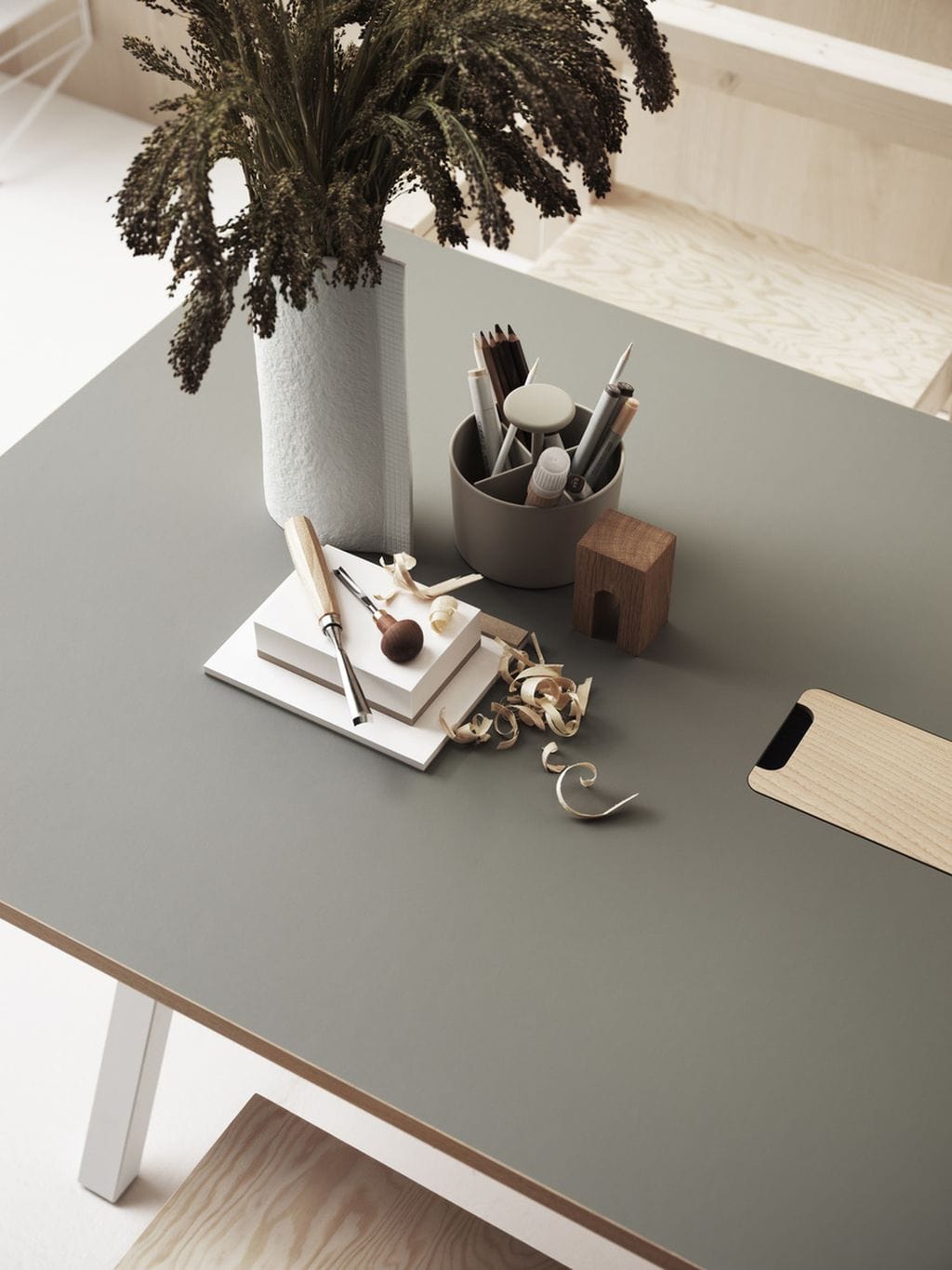 String Furniture Fungerar höjd justerbart skrivbord 90x180 cm, ljusgrå linoleum