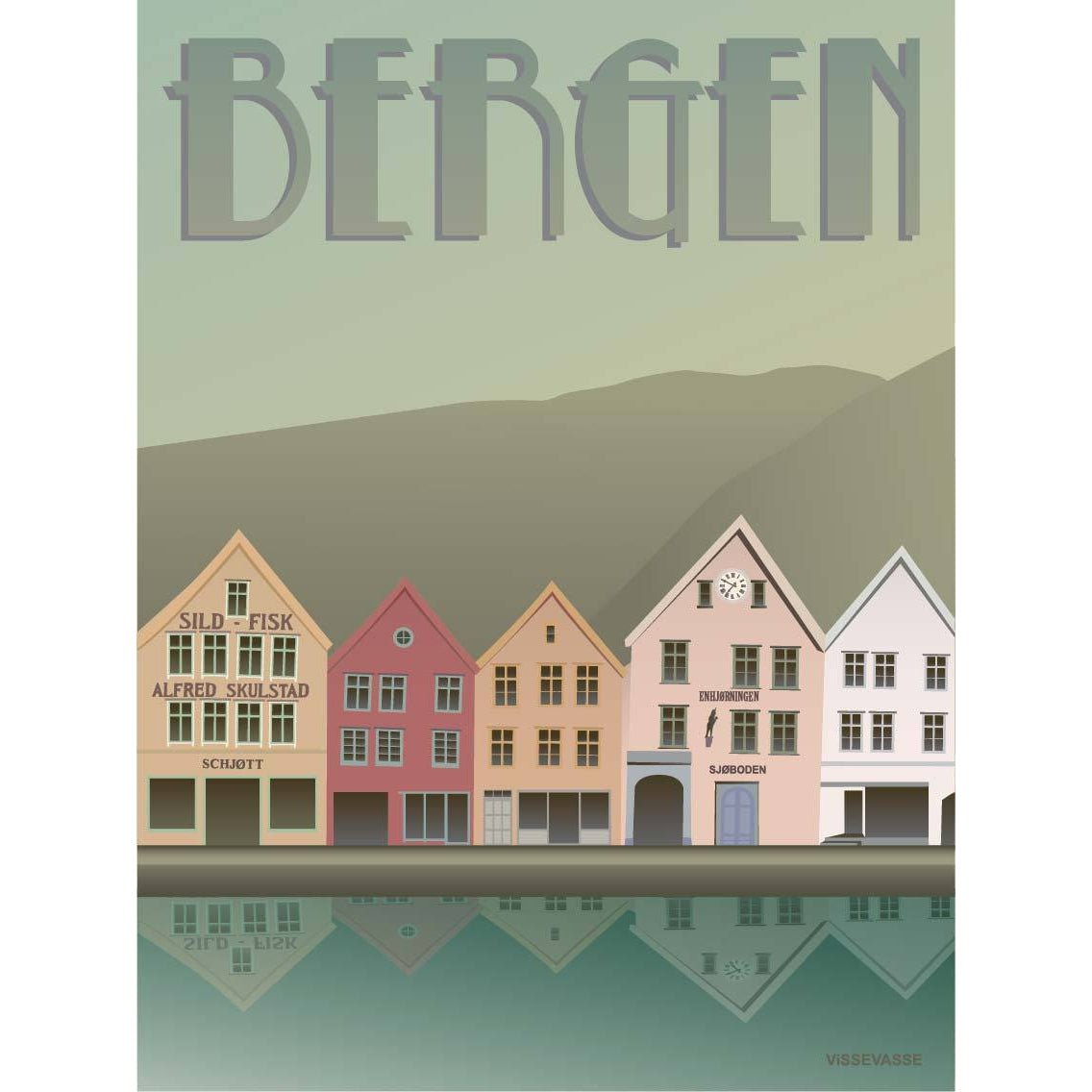 Vissevasse Bergen Bryggen -affisch, 15x21 cm