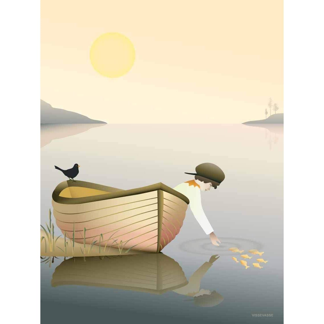 Vissevasse Pojke i en båt affisch, 15x21 cm