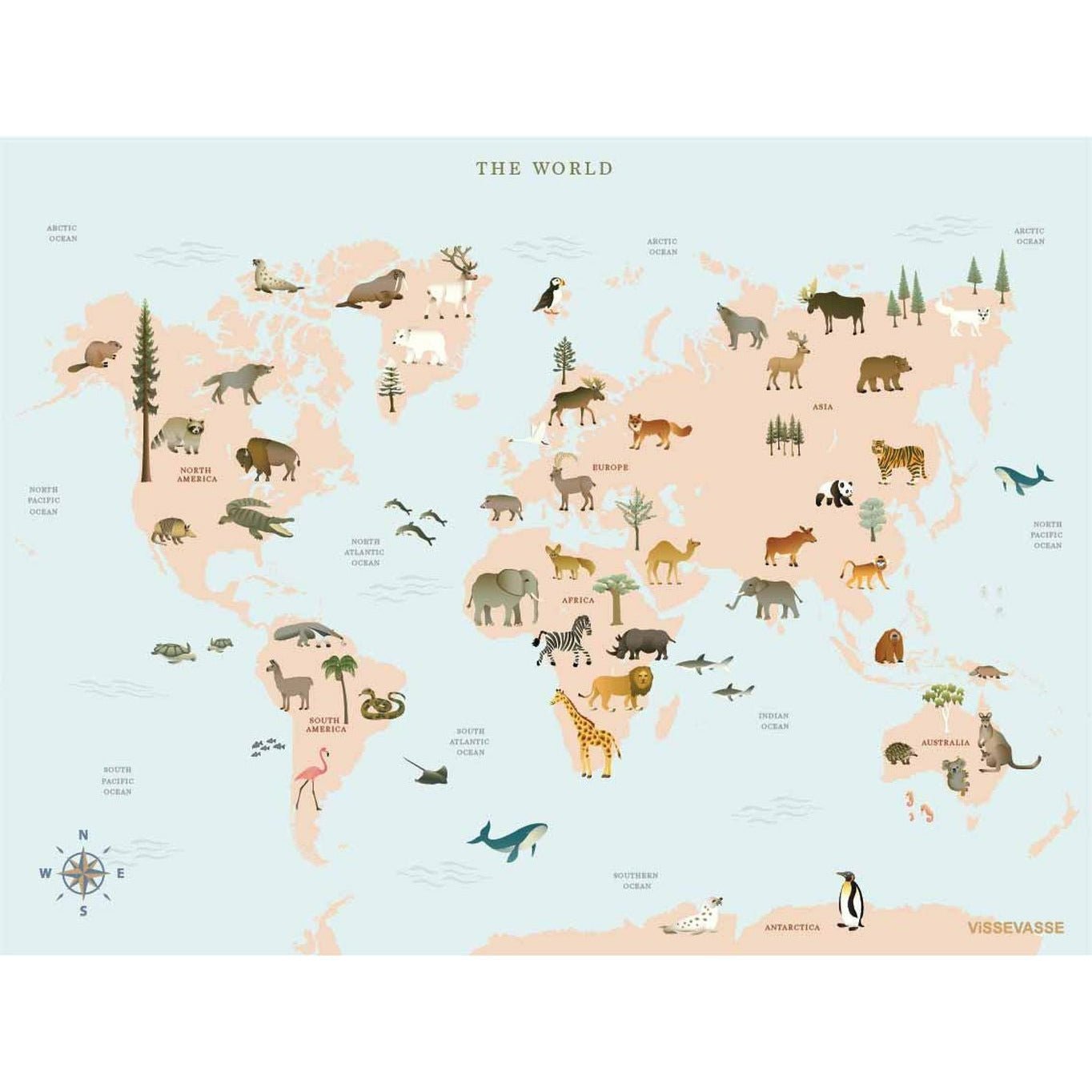 Vissevasse Världskarta med djur affisch, 50x70 cm