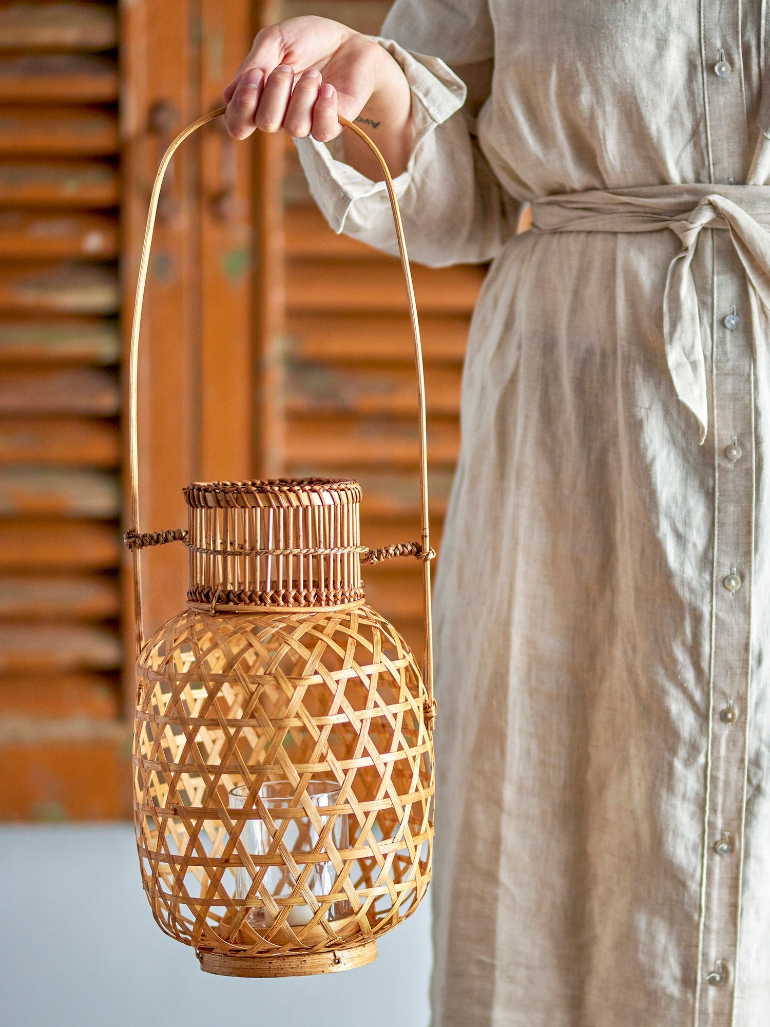 Creative Collection Lerka Lantern w/Glass, Nature, Bamboo