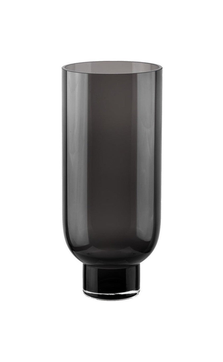 Sober modern glass vase, cylindrical shape on a solid base, dark grey,
