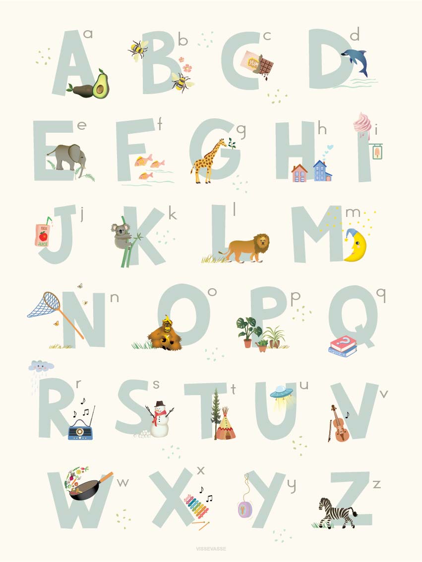 Vissevasse alfabetblå engelsk plakat, 30x40 cm