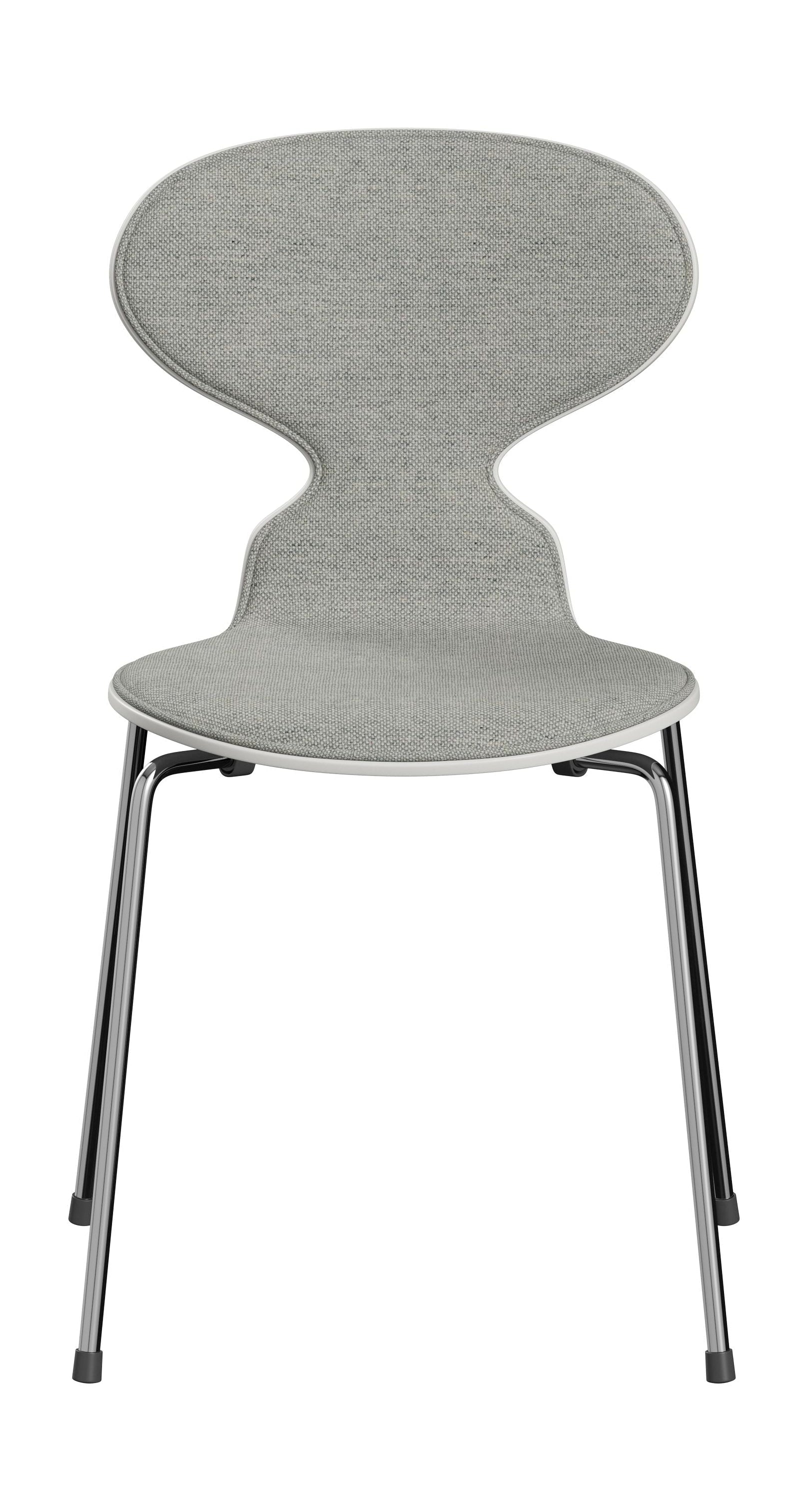 Fritz Hansen 3101 Ant stol foran polstret, skal: lakeret finer hvid, polstring: Hallingdal tekstilhvide/grå, base: stål/krom