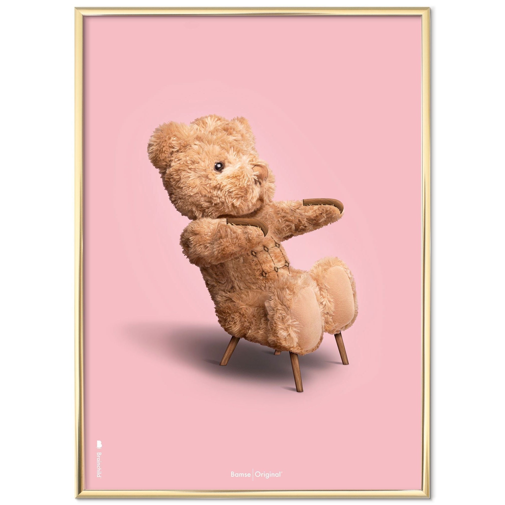 Brainchild Nallebjörn klassisk affisch mässing färgad ram a5, rosa bakgrund